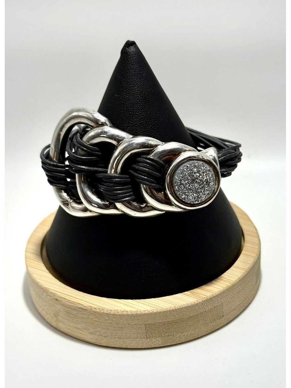 Silver & Gray Leather Multi-Strand Wrap Cuff w/ Druzy Cabochon Magnetic Clasp